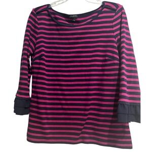 Talbots Women's M Top 3/4 Sleeve Pink/Black Stripe Round Neck Cotton Machine Was